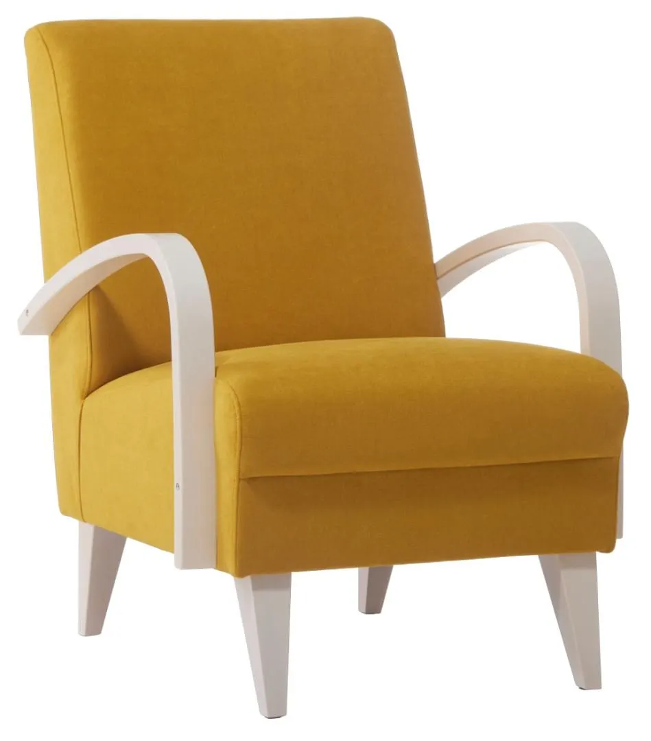 NANNA-nojatuoli, Bistro-kangas (keltainen, käsinojat/jalat valkolakattu)