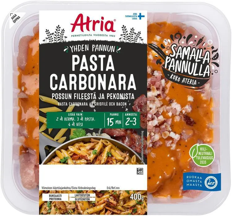 Atria Yhden Pannun Pasta Carbonara Possun Fileestä ja Pekonista 400g
