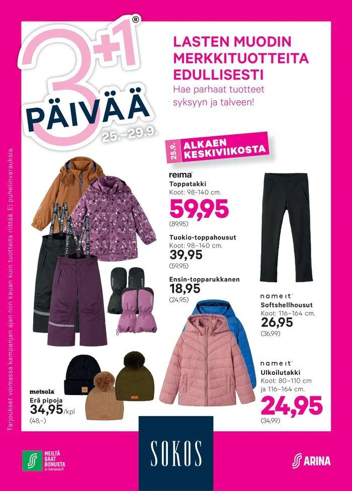 Arina Sokos 3plus1 S2024 lasten liite voimassa alkaen 19. syyskuuta - 3. lokakuuta 2024 - Tarjouslehti sivu 1