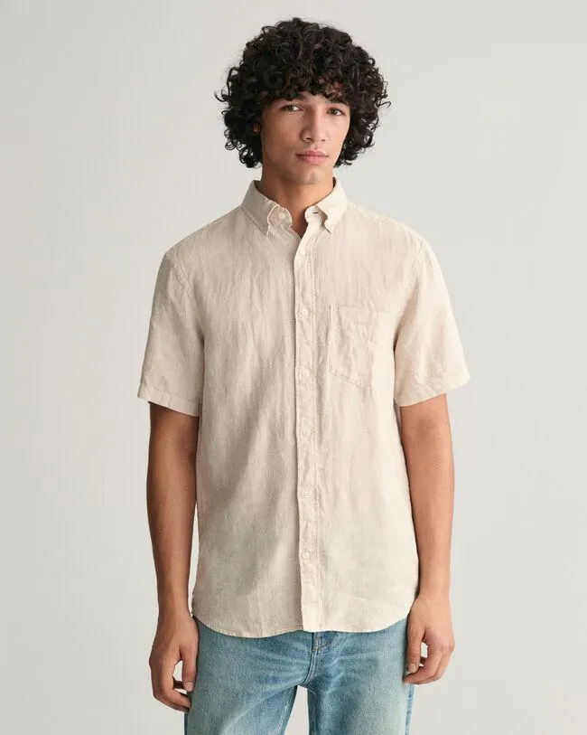 Regular fit ‑mitoitettu lyhythihainen kukonaskelkuvioinen pellavapaita