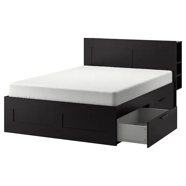 Bed frame with storage & headboard, black/Luröy,