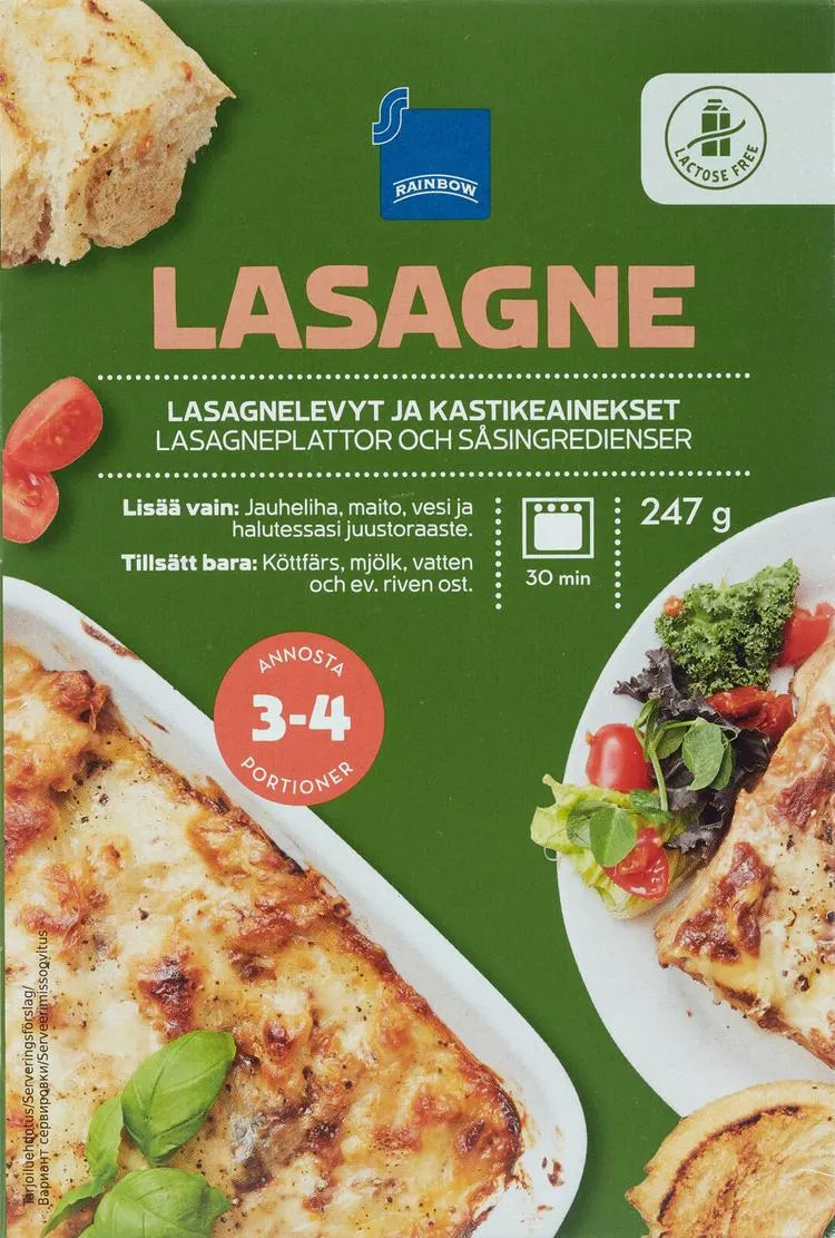 Rainbow 247g lasagnelevyt ja kastikeainekset