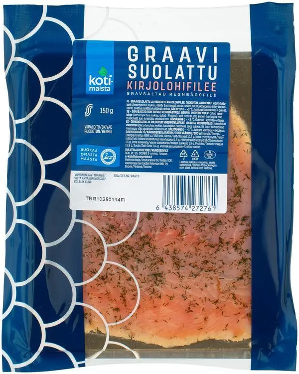 Kotimaista graavisuolattu kirjolohifilee viipaloitu 150 g
