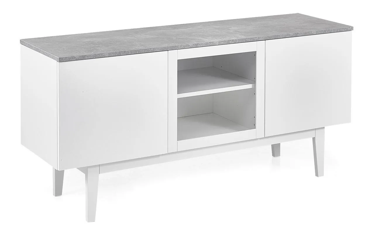 KATAJA tv-taso 135 cm, umpi- ja lasiovella Valkoinen/Betoninväri