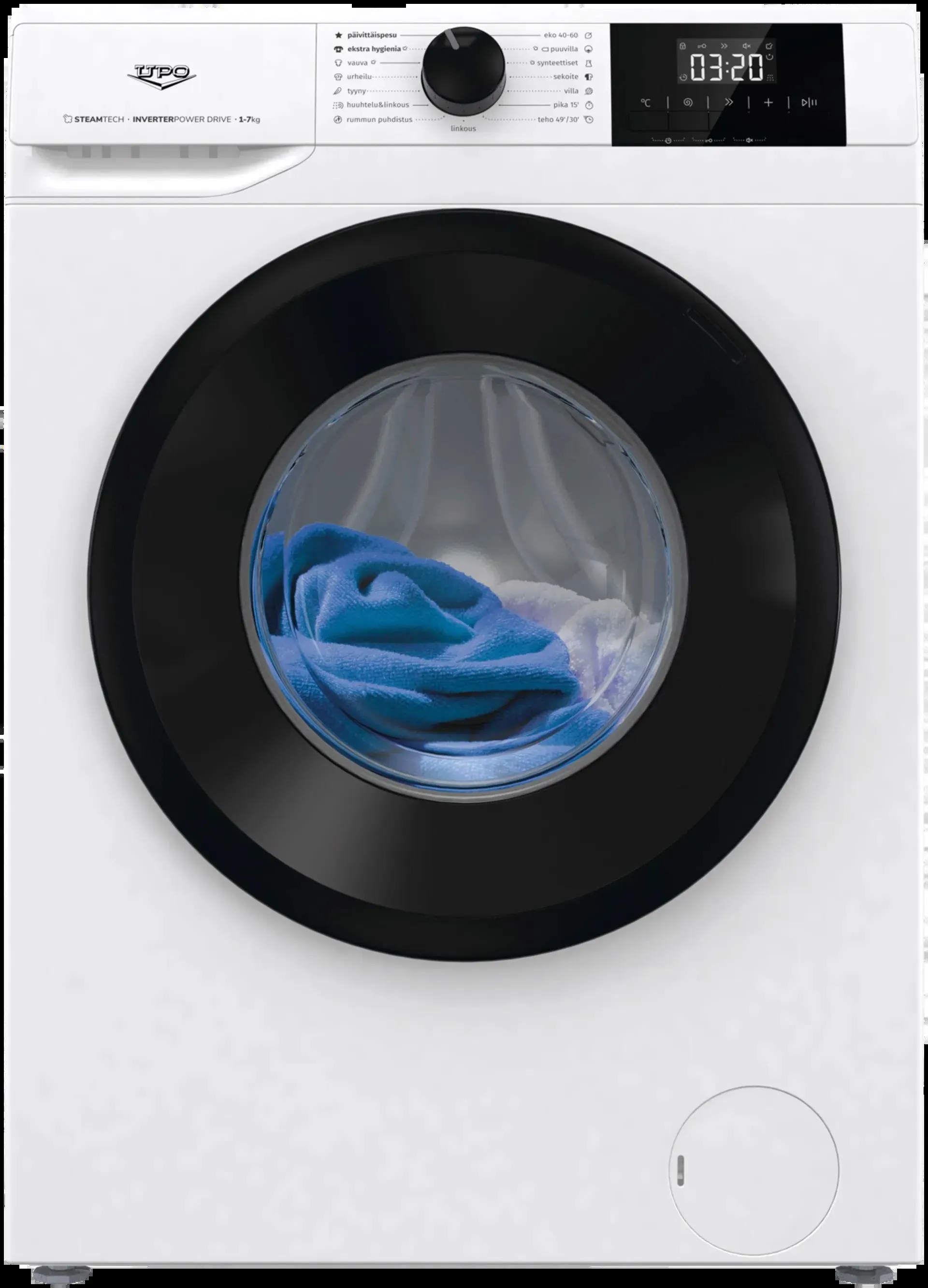 UPO edestä täytettävä pyykinpesukone PI712BS 7kg valkoinen