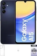 Samsung Galaxy A15 -puhelin, 128/4 Gt, musta + silikonisuoja ja panssarilasi
