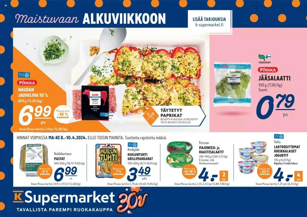 K-Supermarket tarjoukset voimassa alkaen 8. huhtikuuta - 10. huhtikuuta 2024 - Tarjouslehti sivu 