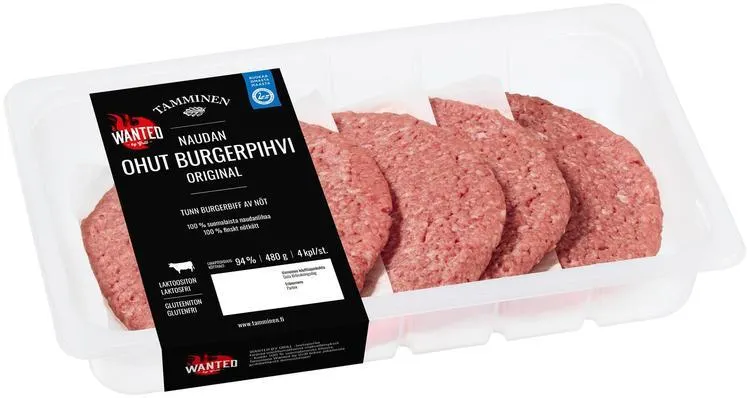 Tamminen naudan ohut burgerpihvi 4kpl 480g