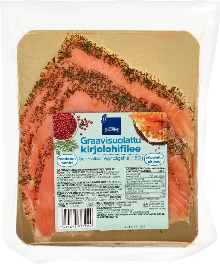 Rainbow 150g graavisuolattu kirjolohifilee viipaloitu