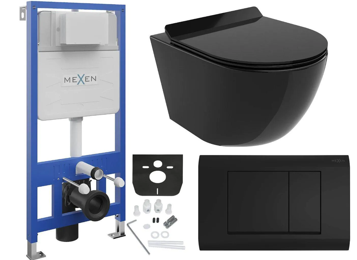 WC-setti Mexen 5in1 Fenix Slim WC-istuimella Lena Rimless Slim Duroplast+, musta matta