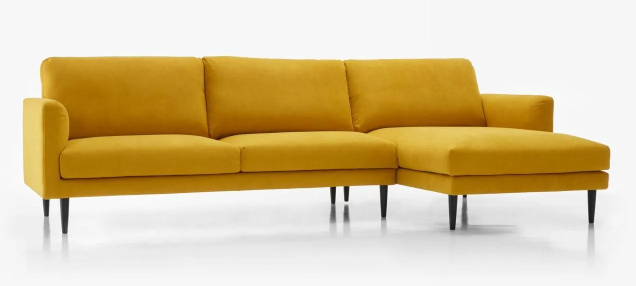 FIONA-divaanisohva Bistro-kangas, kiinteä verhoilu, Keltainen, jalat musta puu, oikeakätinen
