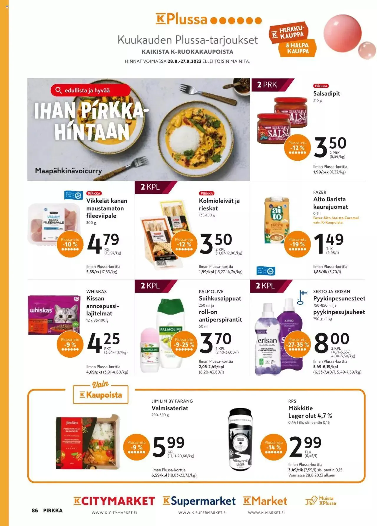 K-Market tarjoukset Pirkka 9/2023 voimassa alkaen 30. elokuuta - 3. lokakuuta 2023 - Tarjouslehti sivu 86