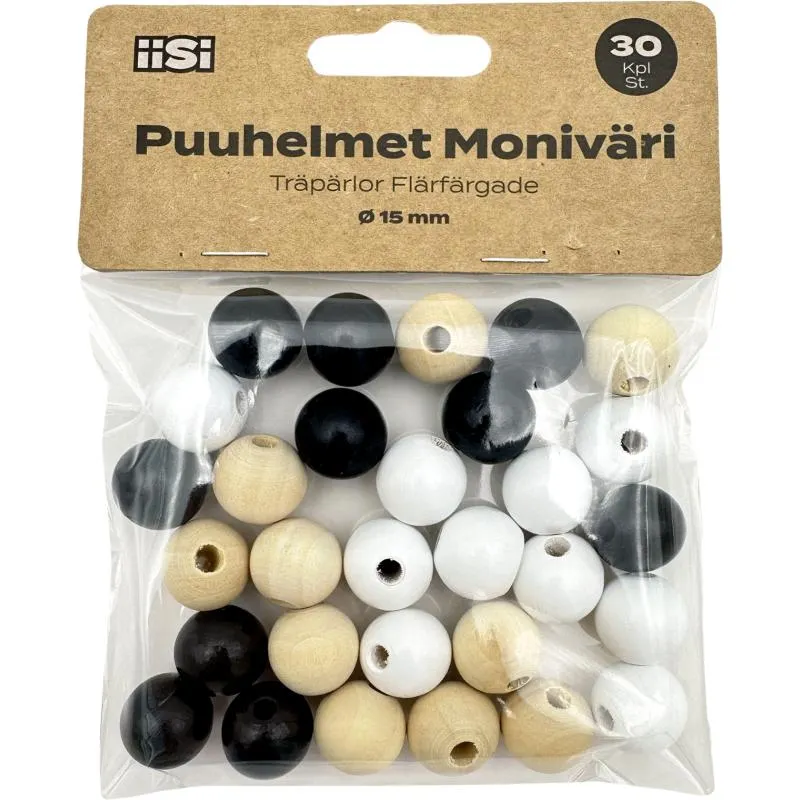 Puuhelmet Iisi 15 mm 30 kpl kolme väriä