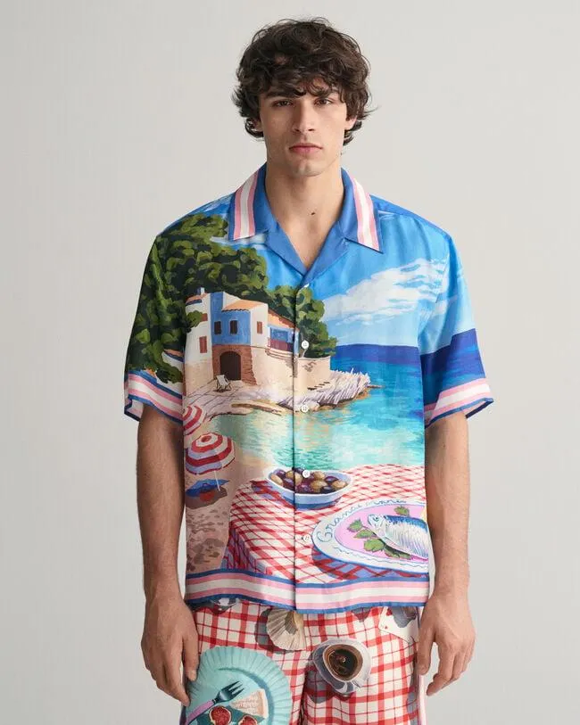 Relaxed fit ‑mitoitettu Scenery Print -silkkipaita