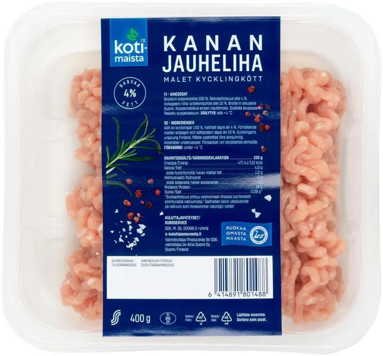 Kotimaista kanan jauheliha 4 % 400 g