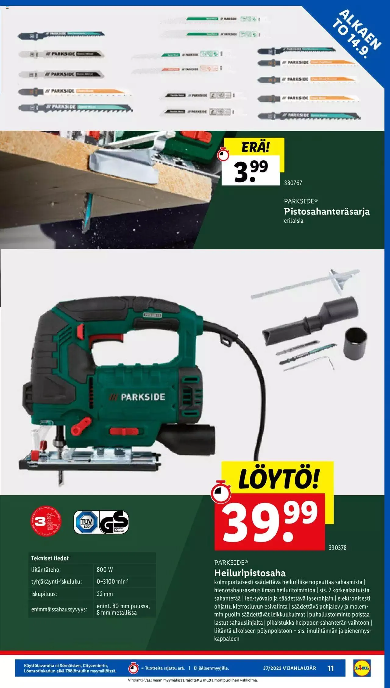 Lidl tarjoukset PARKSIDE voimassa alkaen 14. syyskuuta - 24. syyskuuta 2023 - Tarjouslehti sivu 11