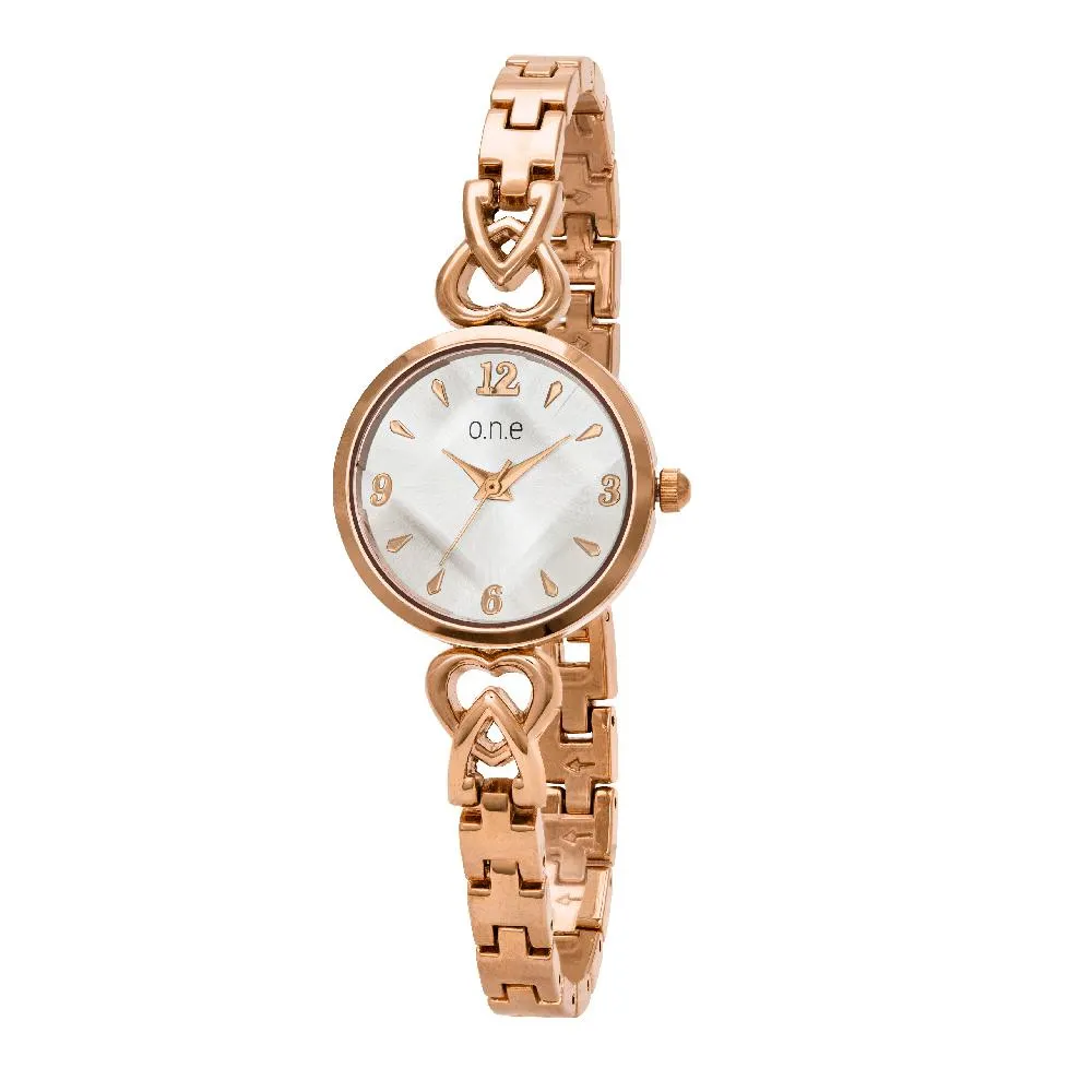 o.n.e ruusukullanvärinen rannekello, sydämet