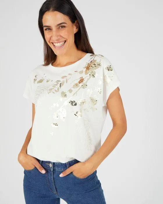 T-shirt à sequins motif végétal