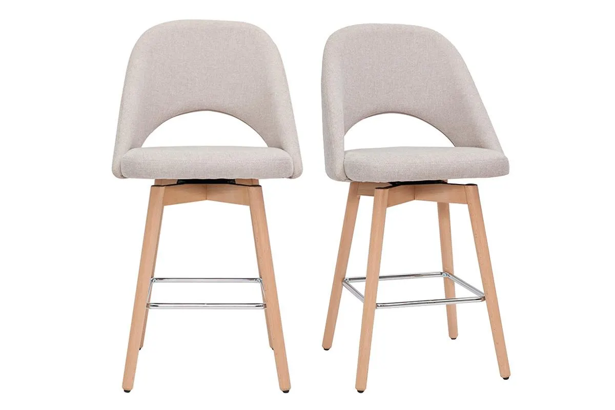 Tabourets de bar scandinaves tissu effet velours texturé beige et hévéa massif 65 cm (lot de 2) COSETTE