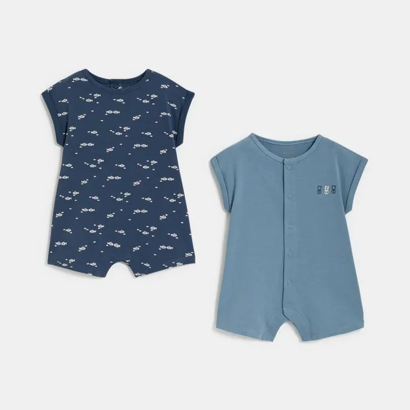 Combi courte coton bleu bébé garçon (lot de 2)