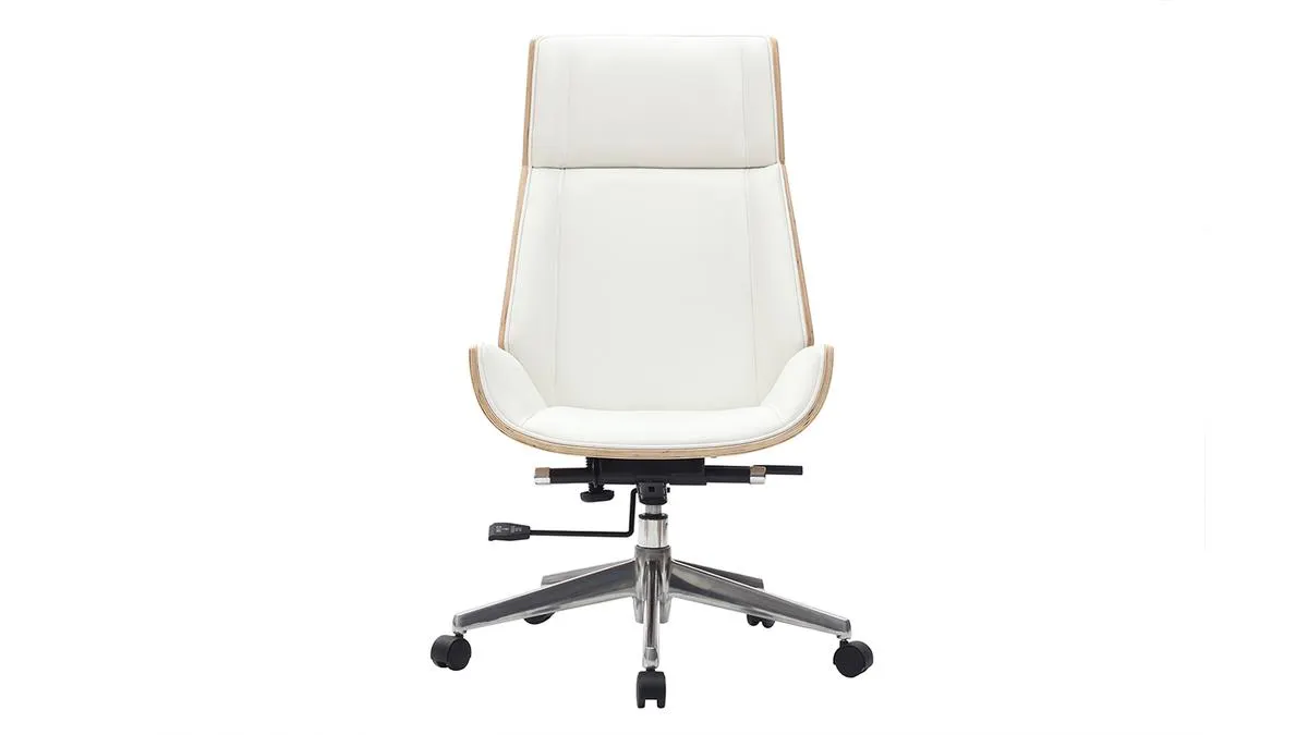 Fauteuil de bureau de direction design blanc, bois clair et acier chromé CURVED