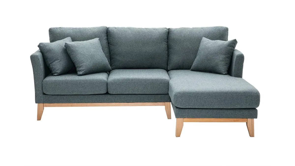 Canapé d'angle droit déhoussable scandinave 4 places en tissu vert de gris et bois clair OSLO