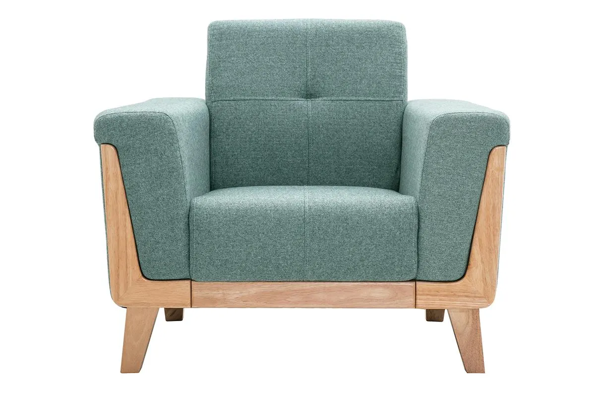 Fauteuil scandinave en tissu vert de gris et bois clair FJORD