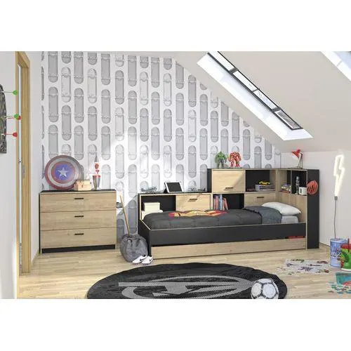 Lit 90x200 cm avec rangements ERWAN imitation chêne et noir