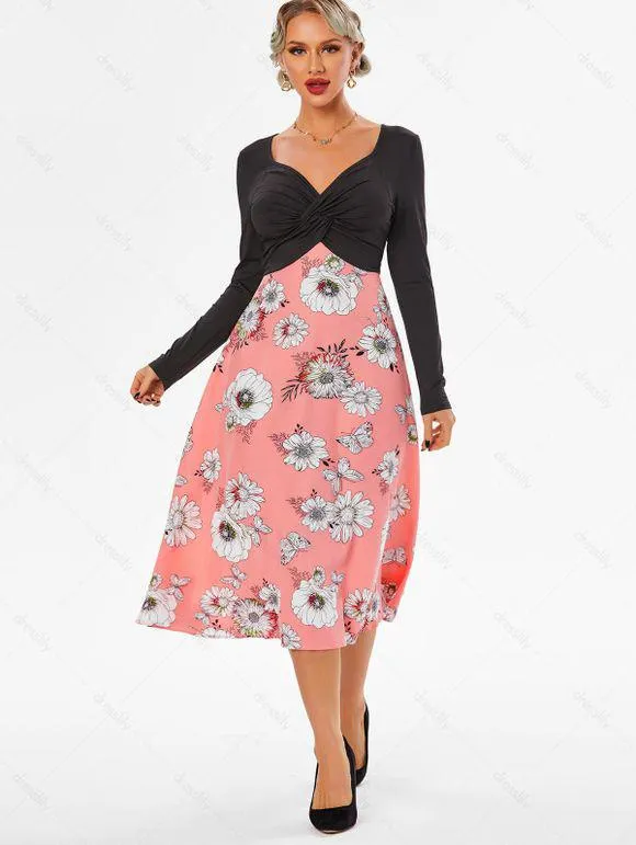 Robe Tordue en Avant à Imprimé Papillon Fleur