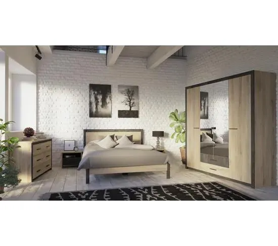 Armoire 4 portes avec miroir COLO lingère et penderie imitation chêne et noir