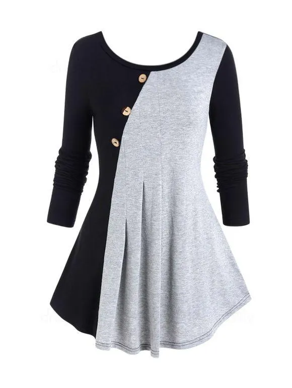 T-shirt Décontracté Boutonné Plissé en Blocs de Couleurs à Manches Longues