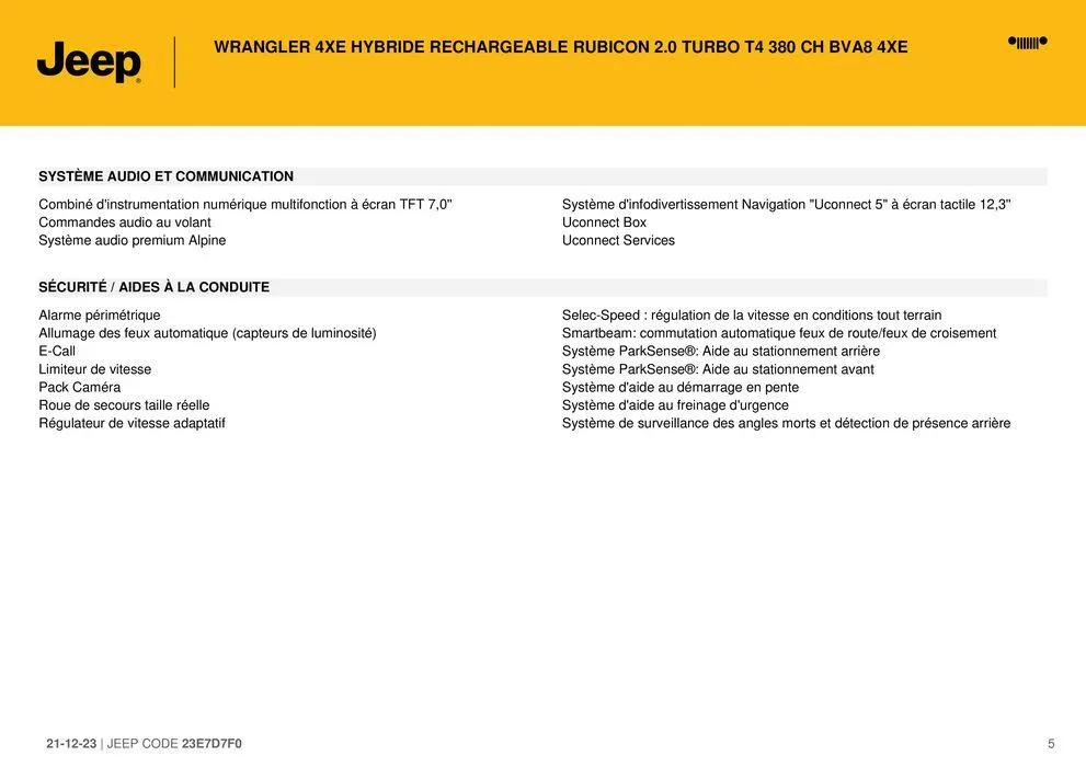 WRANGLER 4XE HYBRIDE RECHARGEABLE RUBICON 2.0 TURBO T4 380 CH BVA8 4XE" du 21 décembre au 31 août 2024 - Catalogue page 5