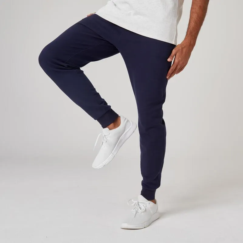 Pantaloni uomo fitness 500 slim misto cotone blu