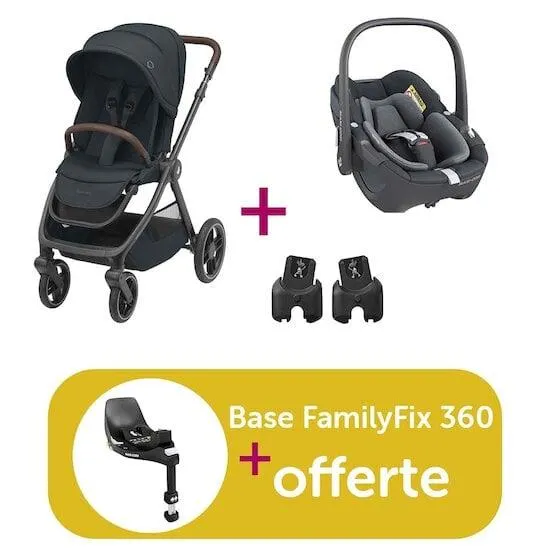 Pack poussette duo Oxford Essential Graphite + coque Pebble Essential Graphite + adaptateurs = base FamilyFix 360 offerte de Maxi Cosi