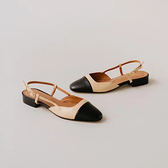 Ballerines ouvertes en cuir noir et beige