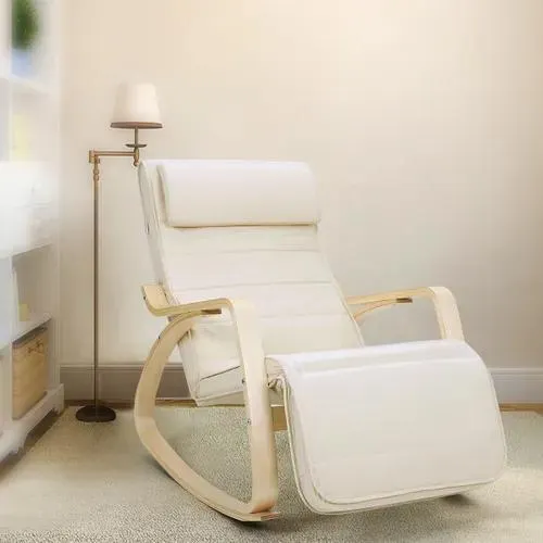 SONGMICS Fauteuil À Bascule En Bois De Bouleau Avec Accoudoirs Et Repose-pieds - Beige