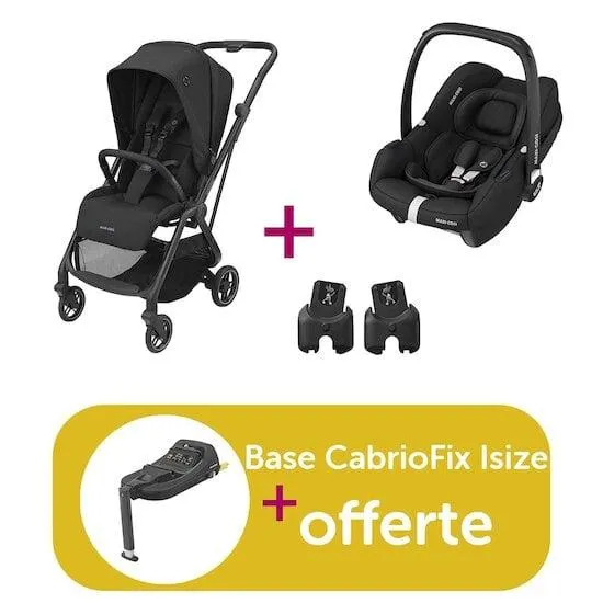 Pack poussette duo Léona Essential Black + coque cabriofix Essential Black + adaptateurs = base CabrioFix i-size offerte de Maxi Cosi