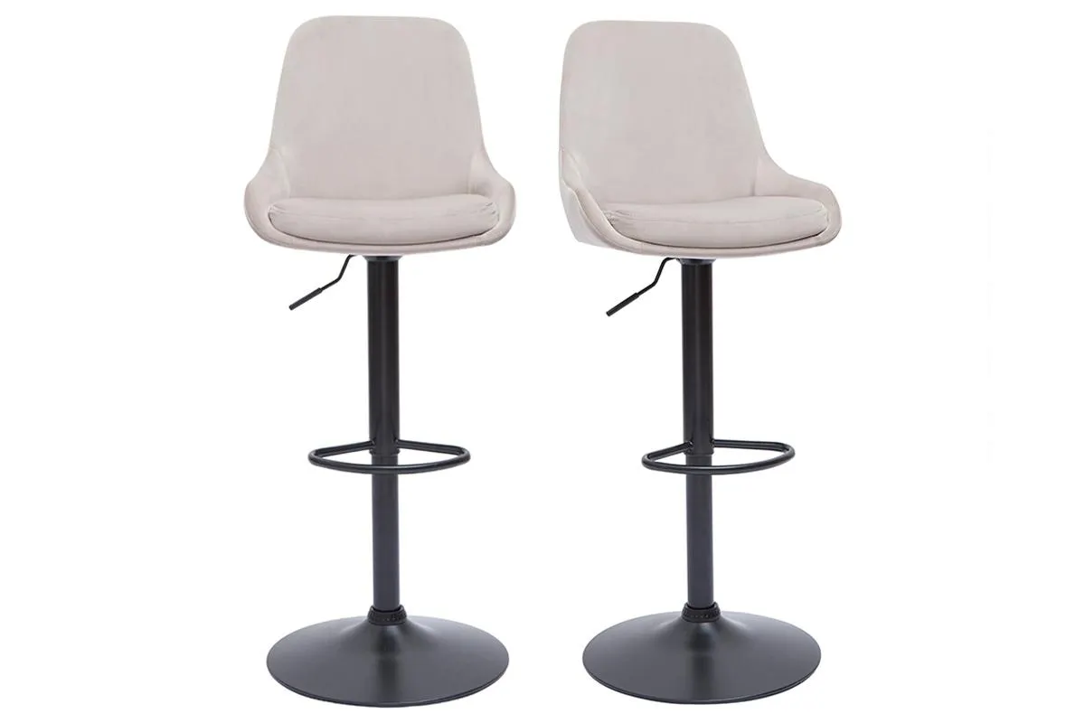 Tabourets de bar design réglables en tissu velours taupe et métal noir 360° (lot de 2) HOLO