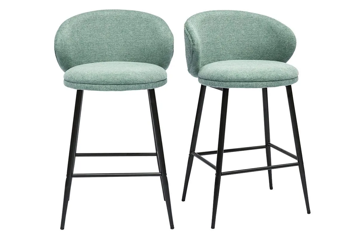 Tabourets de bar design en tissu effet velours texturé vert céladon et métal noir (lot de 2) ROSALIE