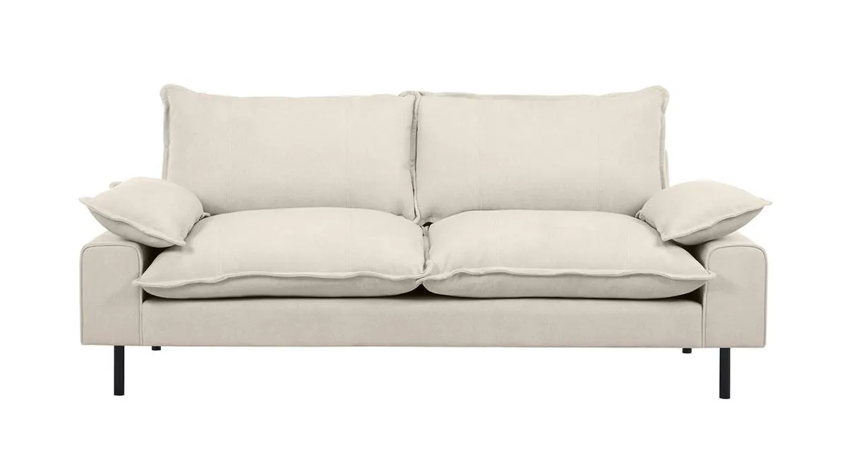 Canapé design 3 places en tissu effet velours beige et métal noir DORY