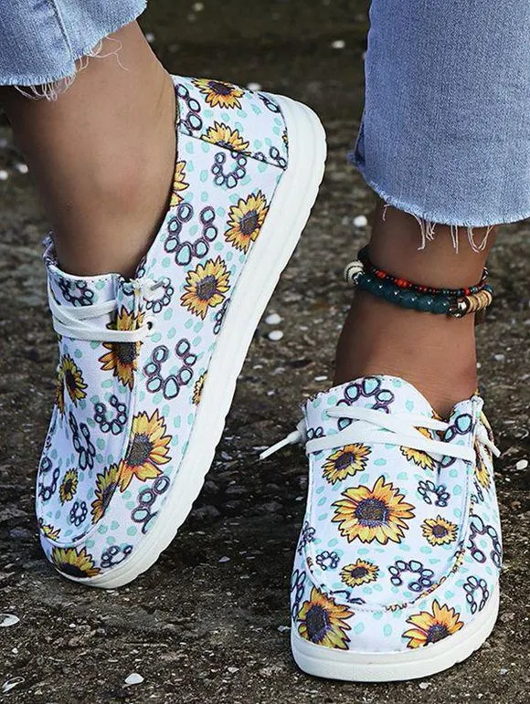 SOLDES Flower Print Lace Up Slip On Flat Shoes