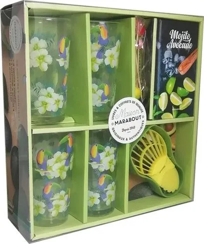 Coffret Mojito avocado - Apéro party avec 4 verres à mojito, 1 ustensile à avocat, 8 piques à cocktail