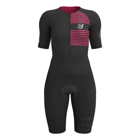Combinaison de triathlon Compressport Aero manche courte noir charbon rose femme