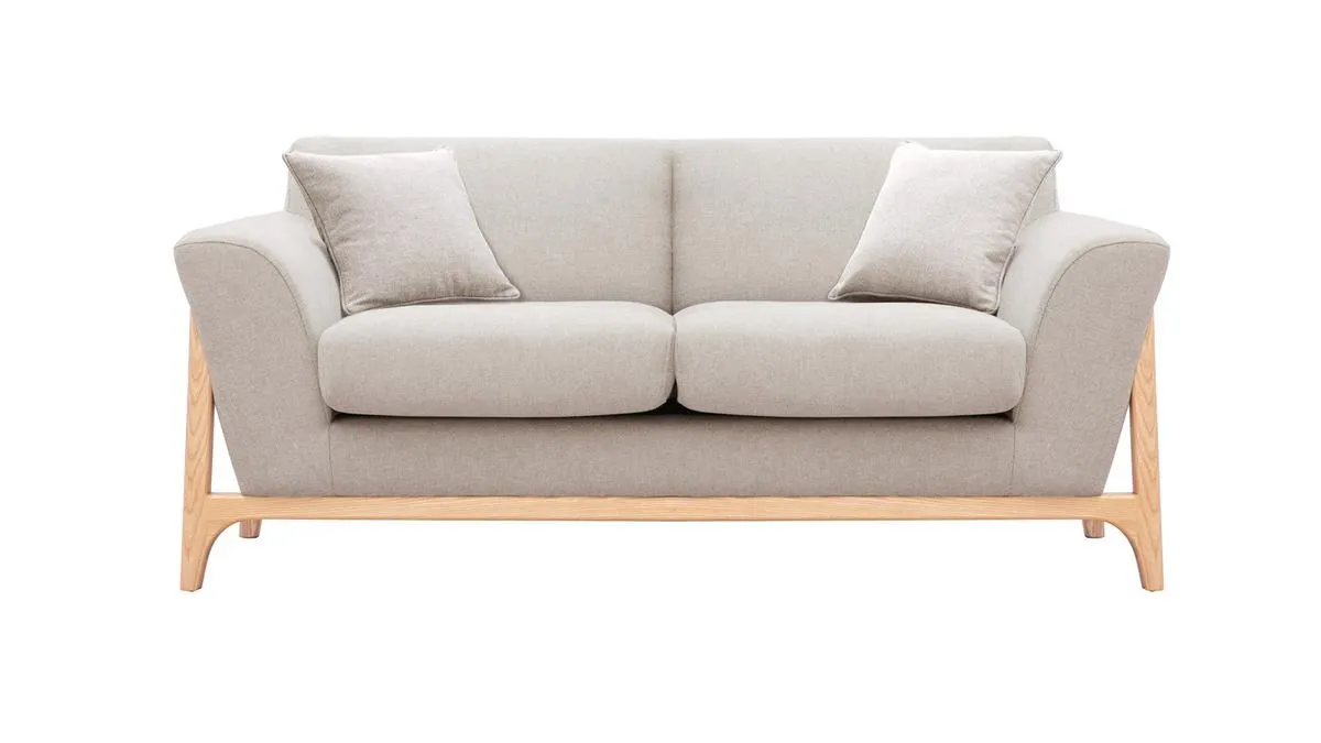 Canapé scandinave 2 places en tissu effet velours texturé beige et bois clair ASAKO
