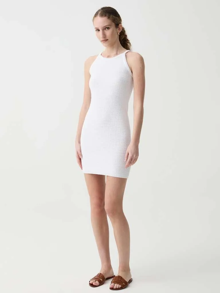 Optical White Short crochet dress with halter neck