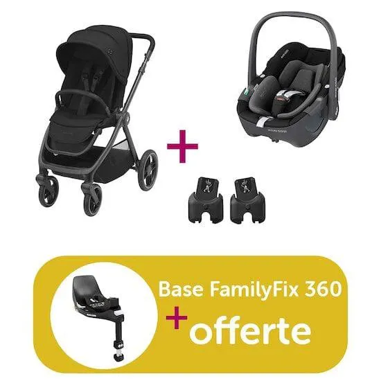 Pack poussette duo Oxford Essential Black + coque Pebble Essential Black + adaptateurs = base FamilyFix 360 offerte de Maxi Cosi