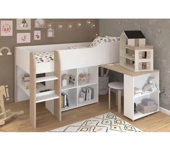 Lit combiné 90x200 cm MATI avec rangement et bureau Blanc et imitation chêne