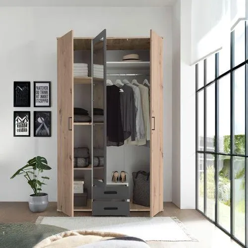 Armoire avec penderie et tiroirs L. 120 cm ARTY imitation chêne et gris