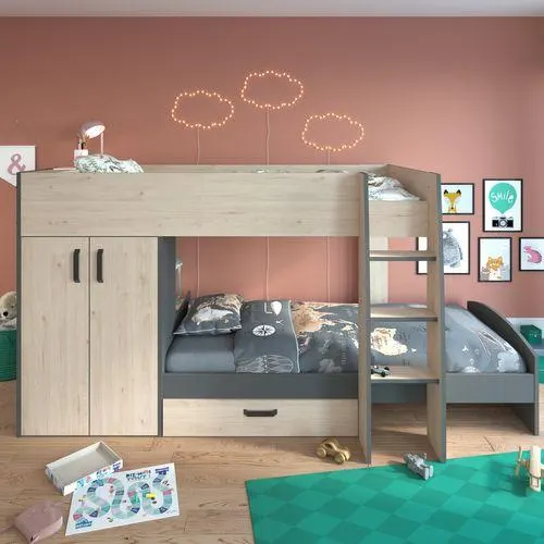 Lit superposé 90x200 cm avec armoire STIM imitation chêne et gris