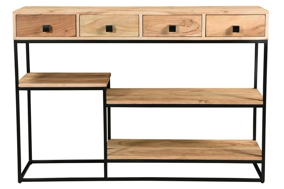 Console industrielle avec rangements 4 tiroirs en bois massif et métal noir L115 cm GRENELLE